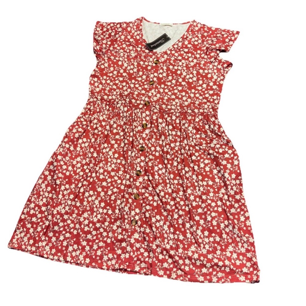 Fantaslook NWOT Women's XL Spring Flowers Rose Red Burgundy Dress Easter Buttons